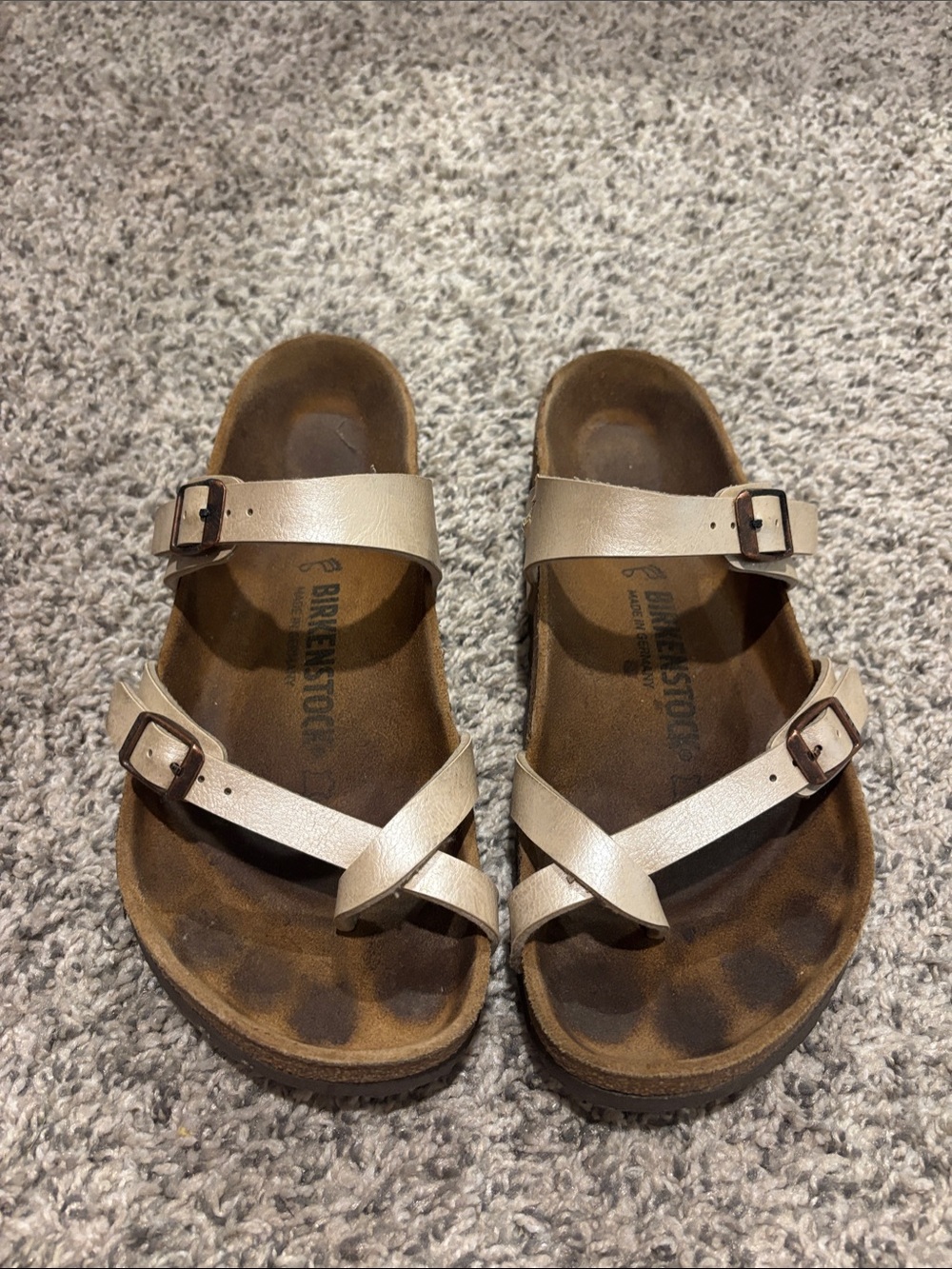 Birkenstock Metallic Champagne Two-Strap Slide Sandals *FLAWED PICTURED*